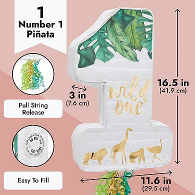 Number 1 Pull String Jungle Pinata for Wild One 1st Birthday, Safari Party Decor