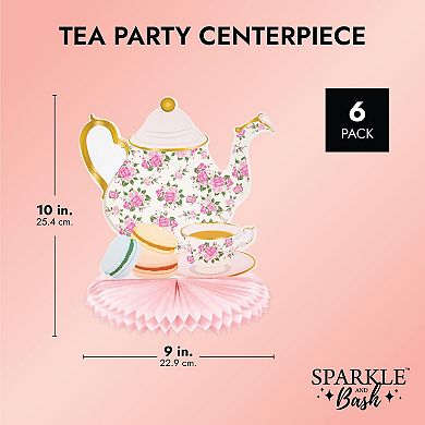 6 Pack Floral Teapot Honeycomb Decorations, Birthday Tea Party Supplies, 11 In