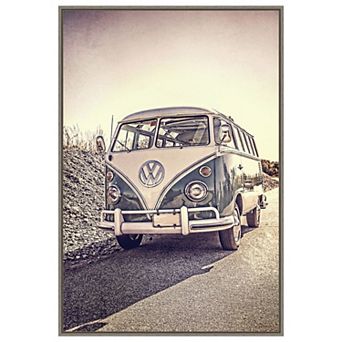 Surfers Vintage Vw Bus By Edward M Fielding Framed Canvas Wall Art Print