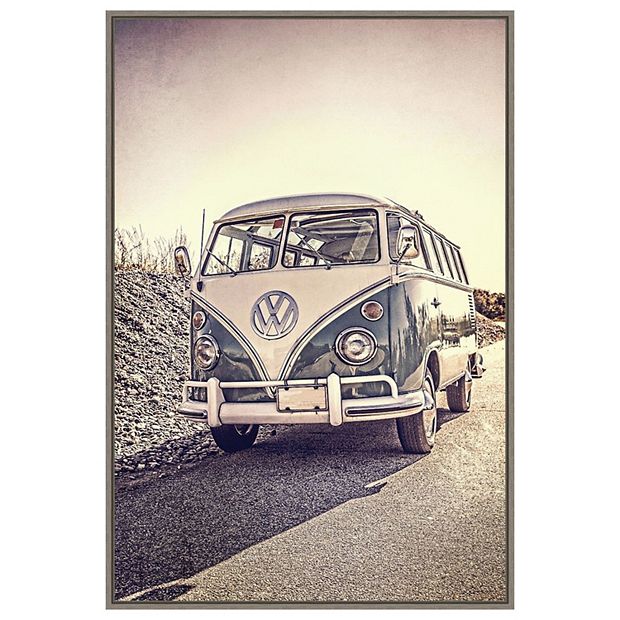Surfers Vintage Vw Bus By Edward M Fielding Framed Canvas Wall Art