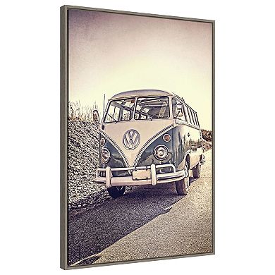 Surfers Vintage Vw Bus By Edward M Fielding Framed Canvas Wall Art Print