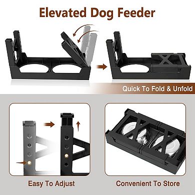 Black, Foldable Double Bowl Dog Feeder With 6 Adjustable Heights For Dog Raised Bowls