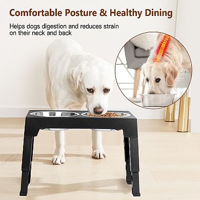 Black, Foldable Double Bowl Dog Feeder With 6 Adjustable Heights For Dog Raised Bowls
