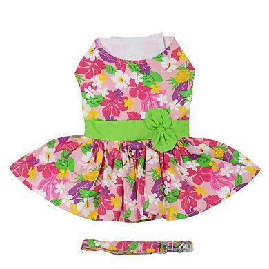 Doggie Design Pink Hawaiian Floral Dog Harness Dress With Matching Leash