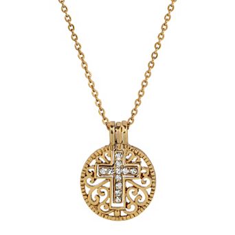 1928 Gold Tone Birthstone Crystal Cross Pendant Necklace