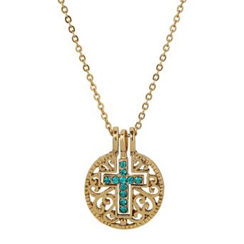 1928 Gold Tone Birthstone Crystal Cross Pendant Necklace