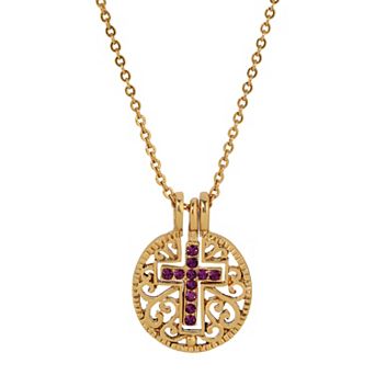 1928 Gold Tone Birthstone Crystal Cross Pendant Necklace