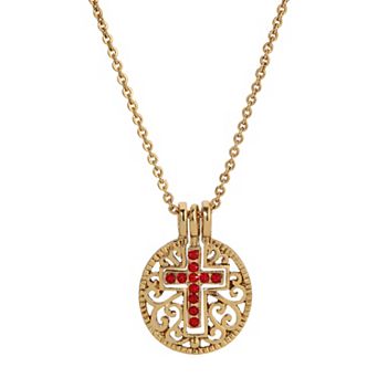 1928 Gold Tone Birthstone Crystal Cross Pendant Necklace