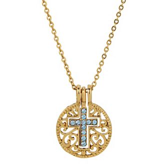 1928 Gold Tone Birthstone Crystal Cross Pendant Necklace
