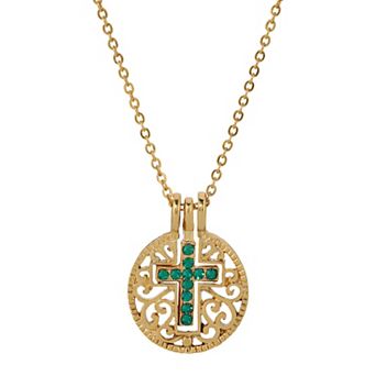 1928 Gold Tone Birthstone Crystal Cross Pendant Necklace