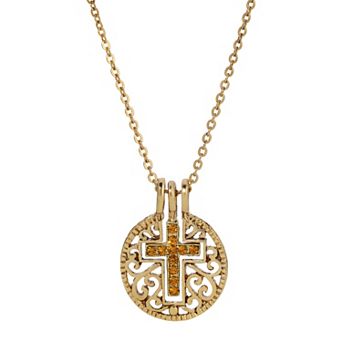 1928 Gold Tone Birthstone Crystal Cross Pendant Necklace