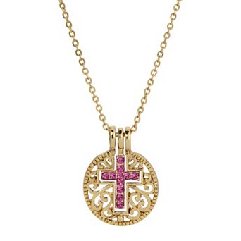 1928 Gold Tone Birthstone Crystal Cross Pendant Necklace