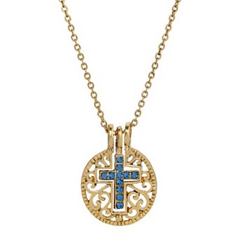 1928 Gold Tone Birthstone Crystal Cross Pendant Necklace