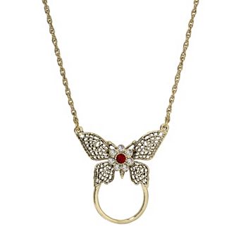 1928 Gold Tone Butterfly Red & Clear Crystal Necklace & Eye Glass Holder