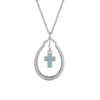 1928 Silver Tone Horseshoe Turquoise Crystal Cross Necklace