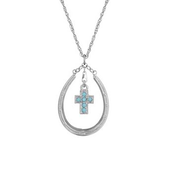 1928 Silver Tone Horseshoe Turquoise Crystal Cross Necklace