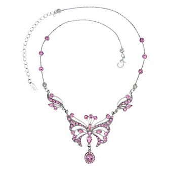 1928 Silver Tone Pink Crystal Butterfly Necklace