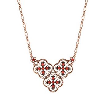 1928 Copper Tone Orange Filigree Bib Necklace