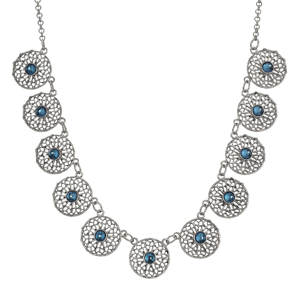 1928 Silver Tone Blue Filigree Collar Necklace