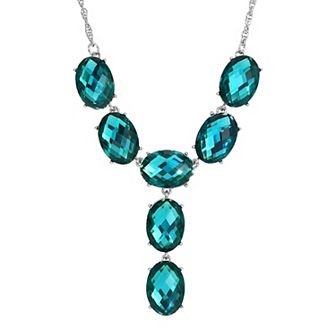 1928 Silver Tone Blue Oval Stone Faceted Y-Necklace