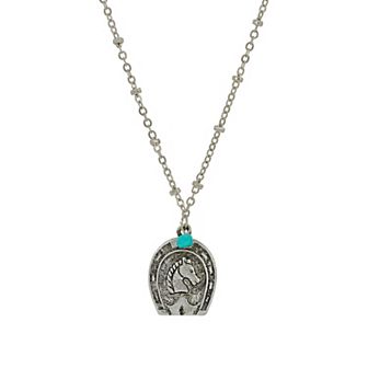 1928 Silver Tone Turquoise Horseshoe Pendant Necklace