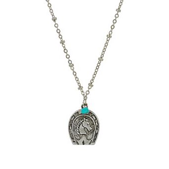 1928 Silver Tone Turquoise Horseshoe Pendant Necklace