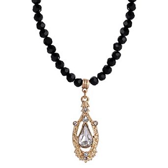 1928 Black Bead Crystal Pear-Shaped Center Drop Necklace