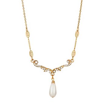 1928 Gold Tone Crystal Studded Bar Simulated Pearl Pendant Necklace