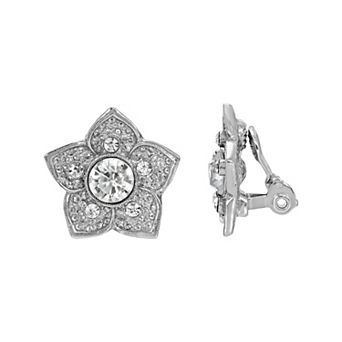 1928 Silver Tone Crystal Flower Clip-On Earrings