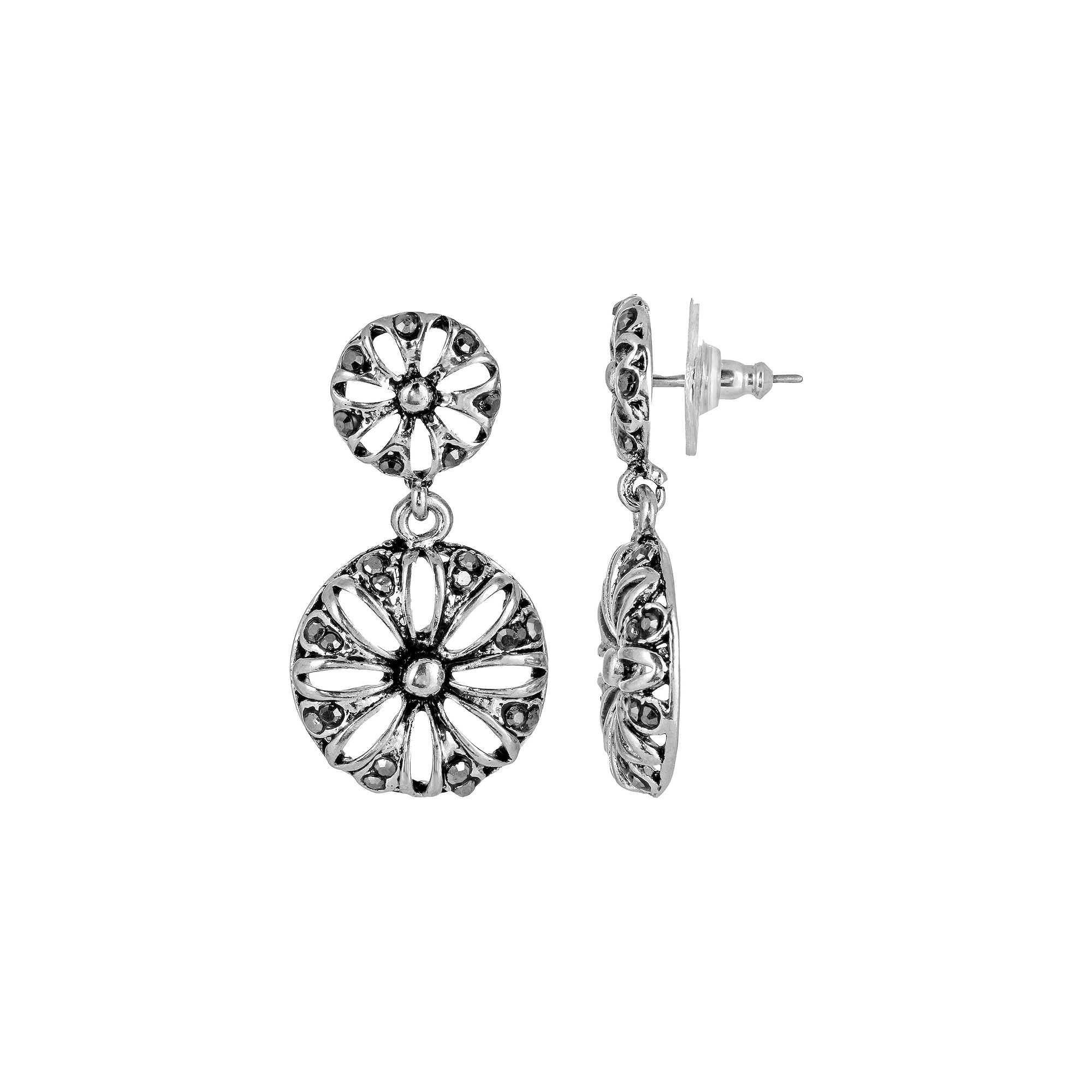 1928 Silver Tone Double Drop Floral Contrast Accented Post Earrings, Women