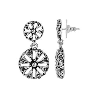 1928 Silver Tone Double Drop Floral Contrast Accented Post Earrings
