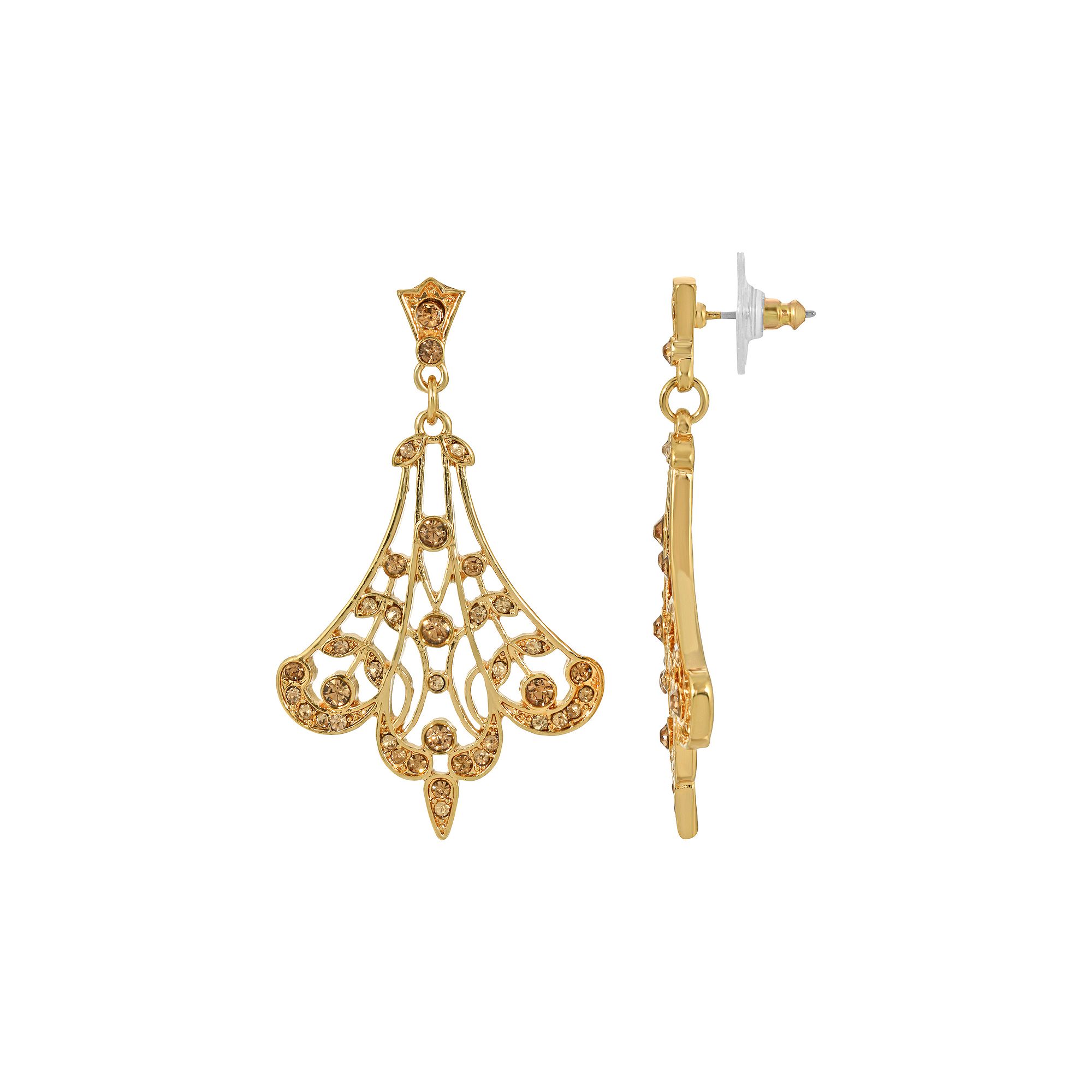 1928 Gold Tone Crystal Fan Filigree Drop Earrings, Womens, Beige