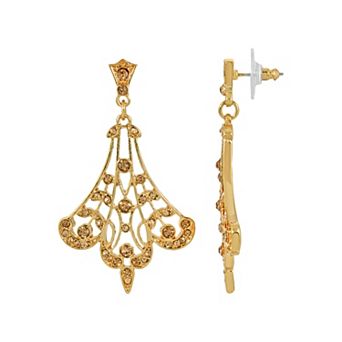 1928 Gold Tone Crystal Fan Filigree Drop Earrings