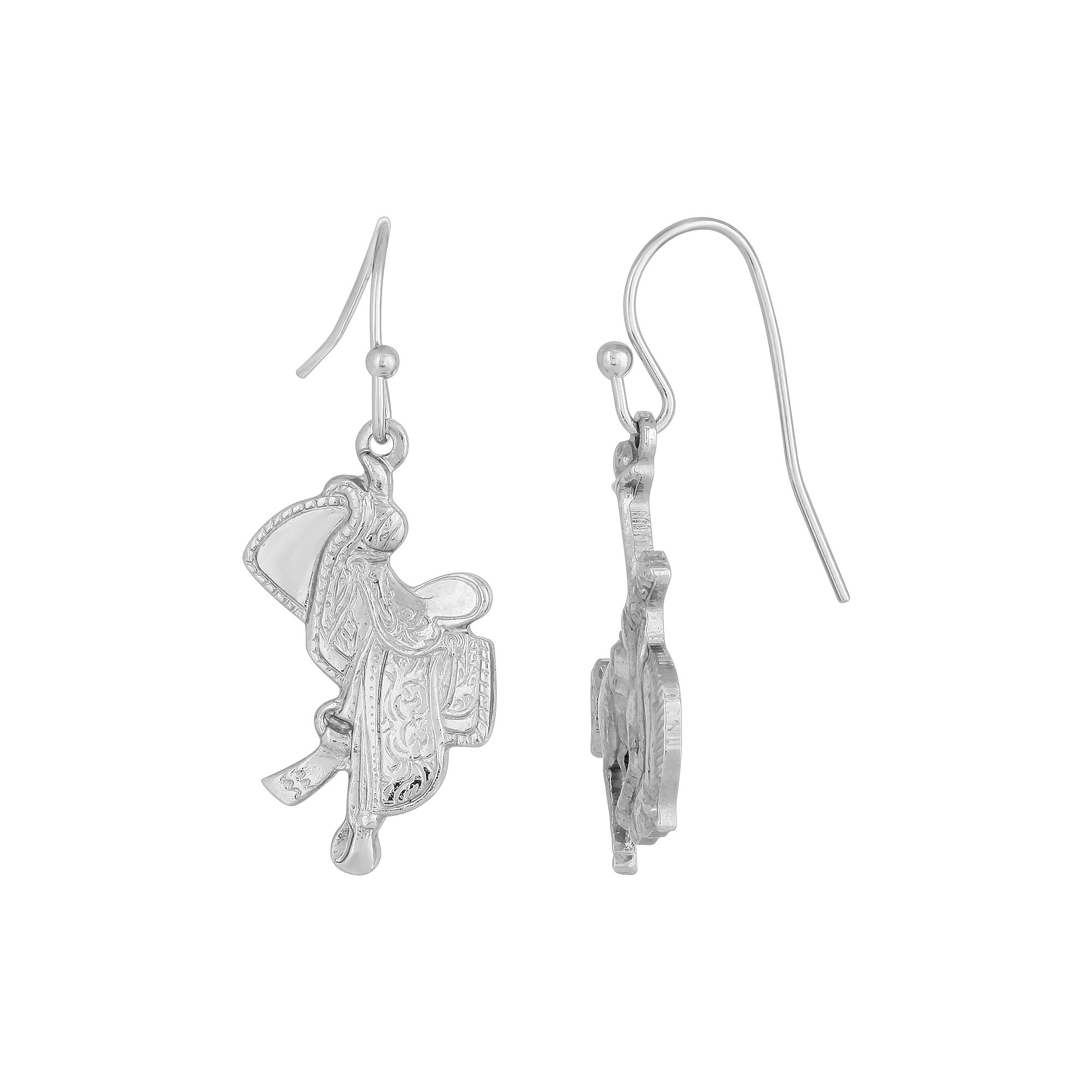 1928 Silver Tone Horse and Saddle Earrings, Womens, Gray