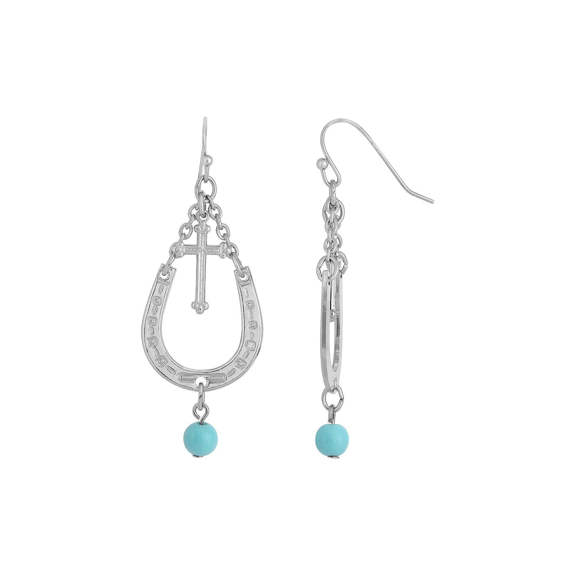 1928 Silver Tone Horseshoe & Cross with Simulated Turquoise Accent Drop Ear