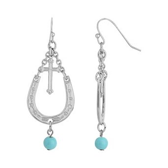 1928 Silver Tone Horseshoe & Cross with Simulated Turquoise Accent Drop Earrings