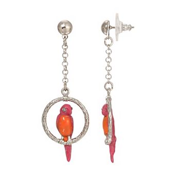 1928 Silver Tone Enameled Perched Parrot Hoop Drop Earrings