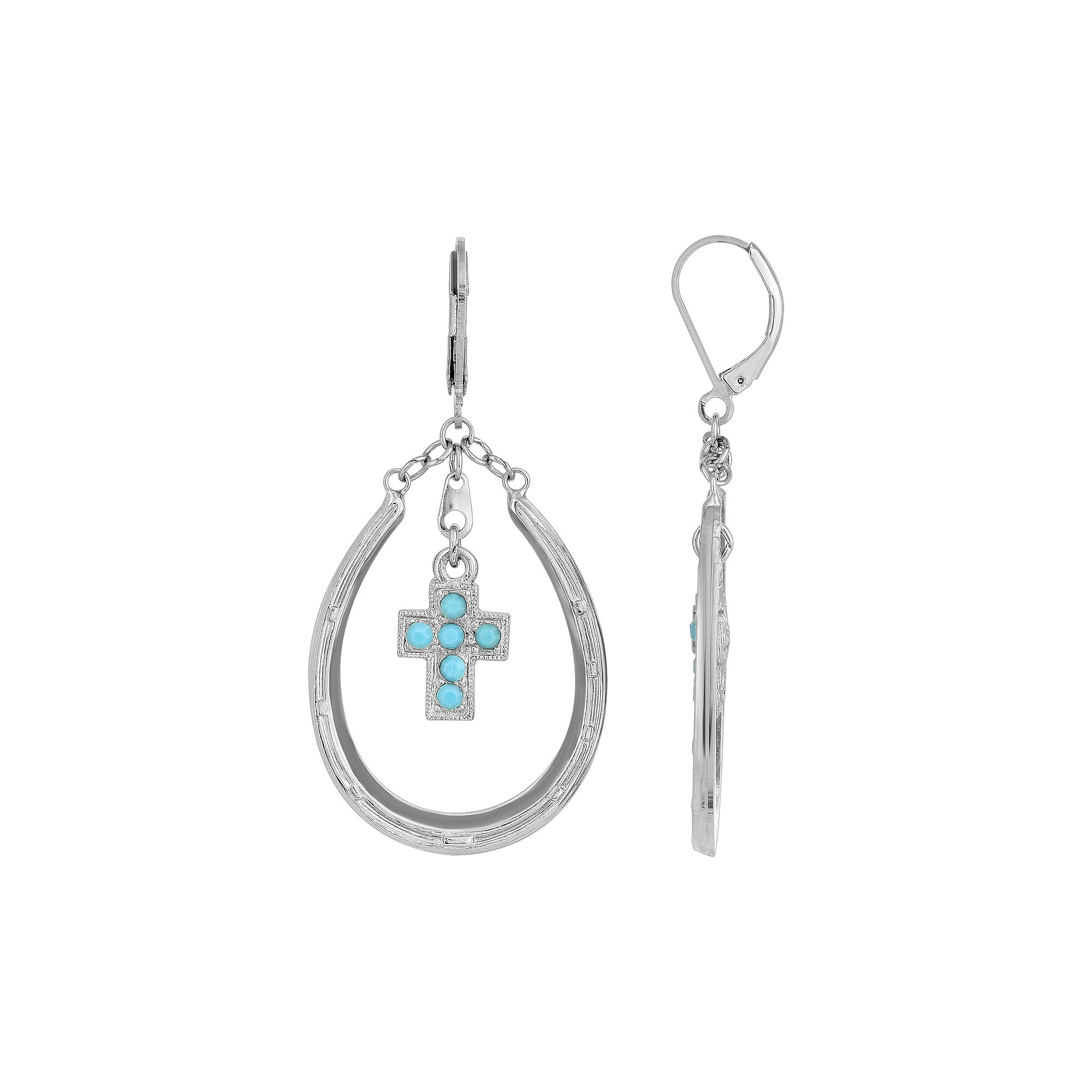 1928 Silver Tone Simulated Turquoise Dangling Cross Horseshoe Earrings, Wom