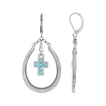 1928 Silver Tone Simulated Turquoise Dangling Cross Horseshoe Earrings