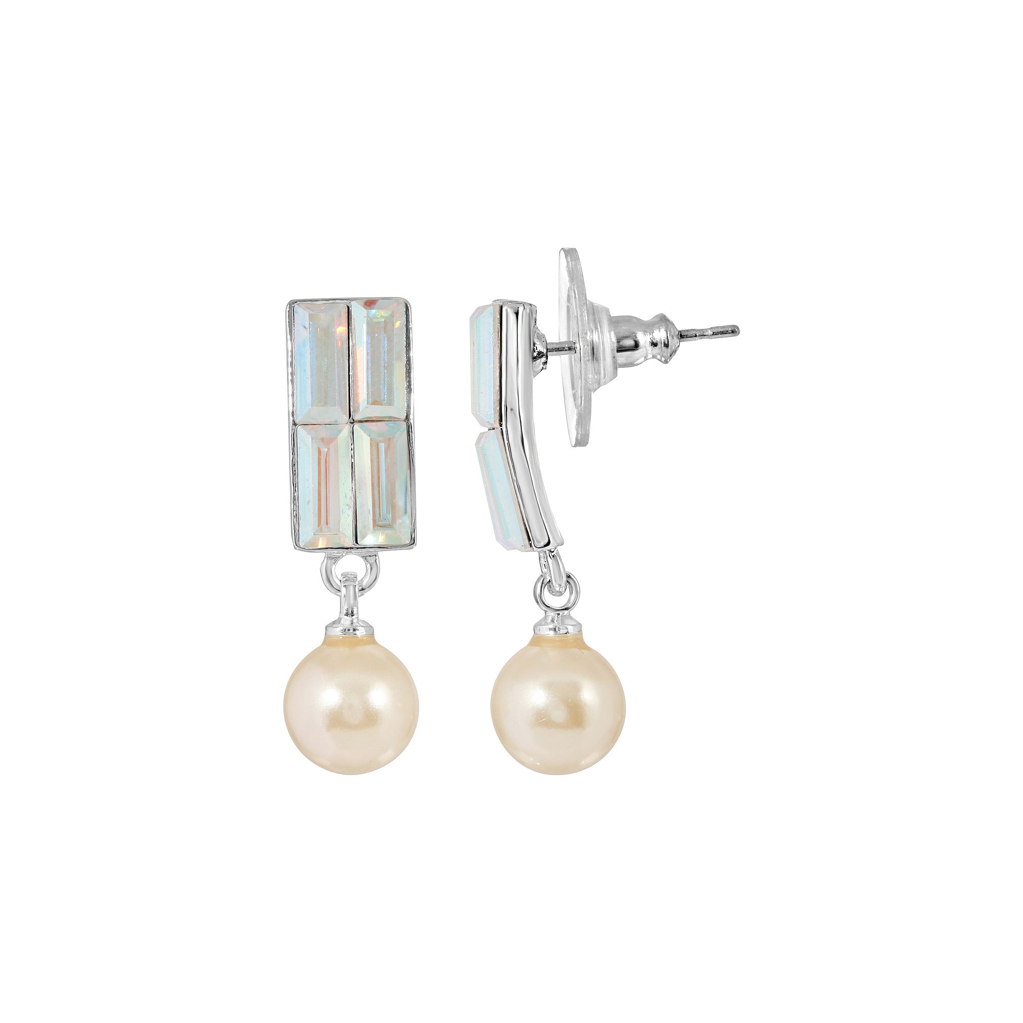 1928 Silver Tone Shimmer Crystal Simulated Pearl Drop Earrings, Womens, Wh