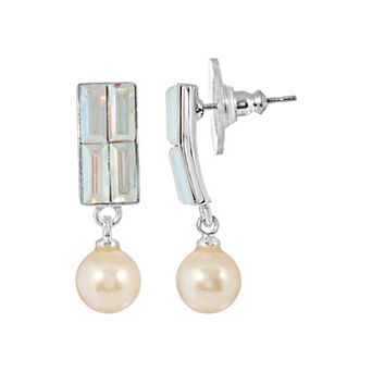 1928 Silver Tone Shimmer Crystal Simulated Pearl Drop Earrings