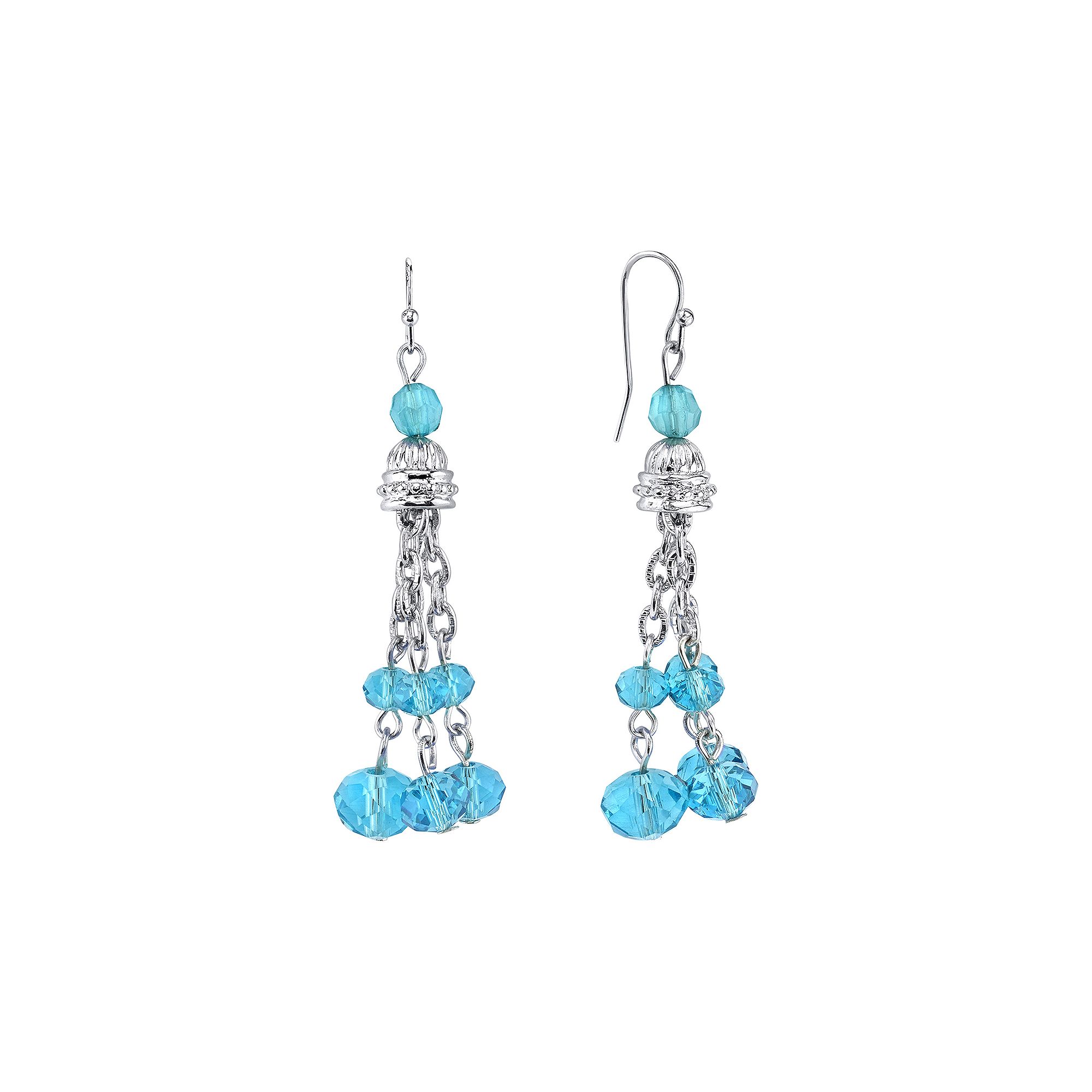 1928 Silver Tone Aqua Crystal Tassel Drop Earrings, Womens, Blue