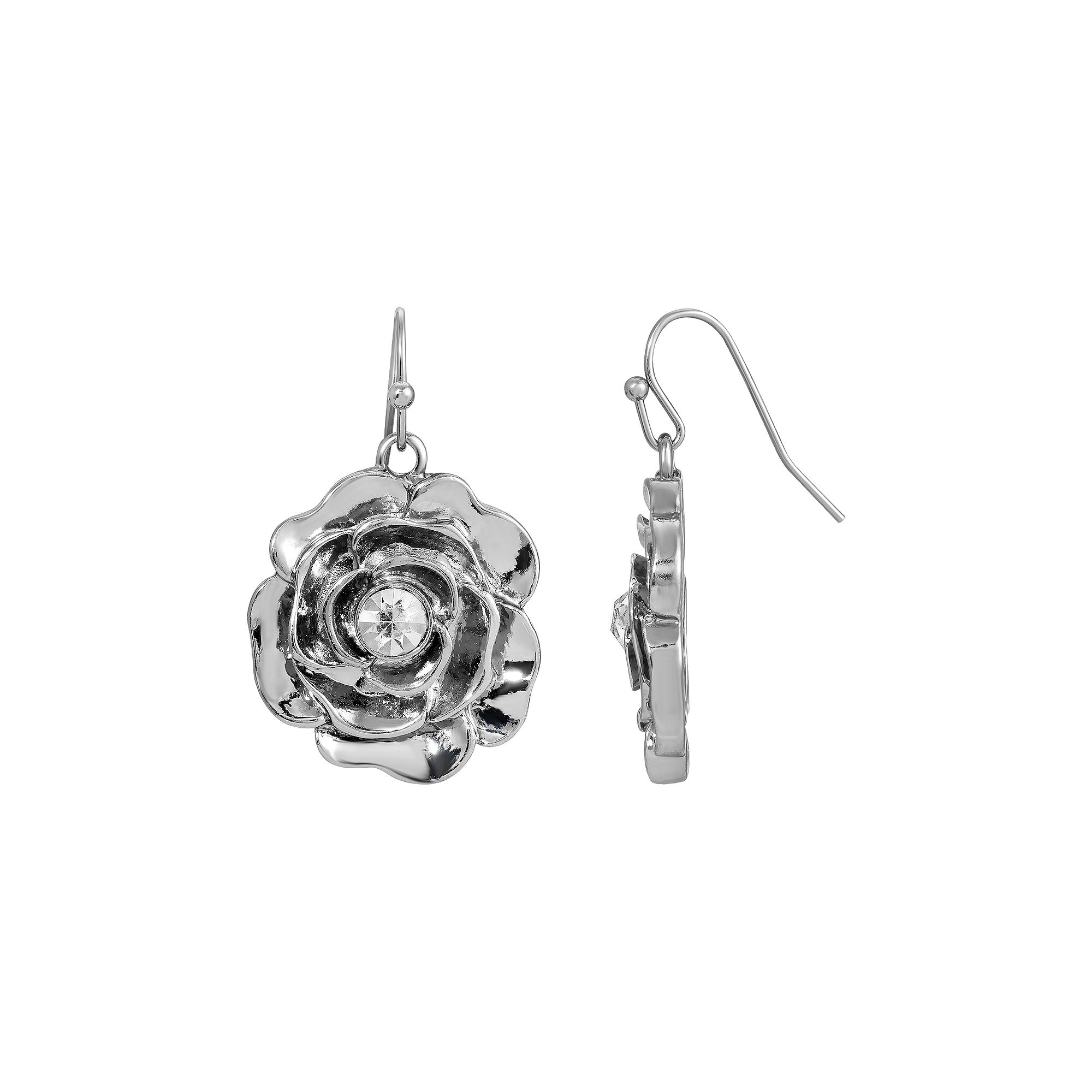 1928 Silver Tone Crystal Centered Rose Drop Earrings, Womens, White