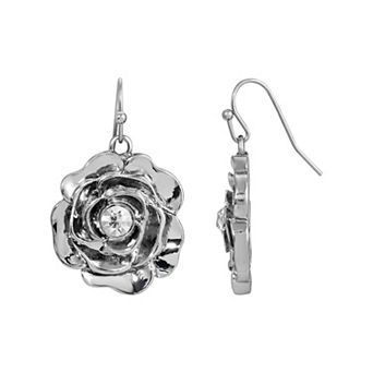 1928 Silver Tone Crystal Centered Rose Drop Earrings