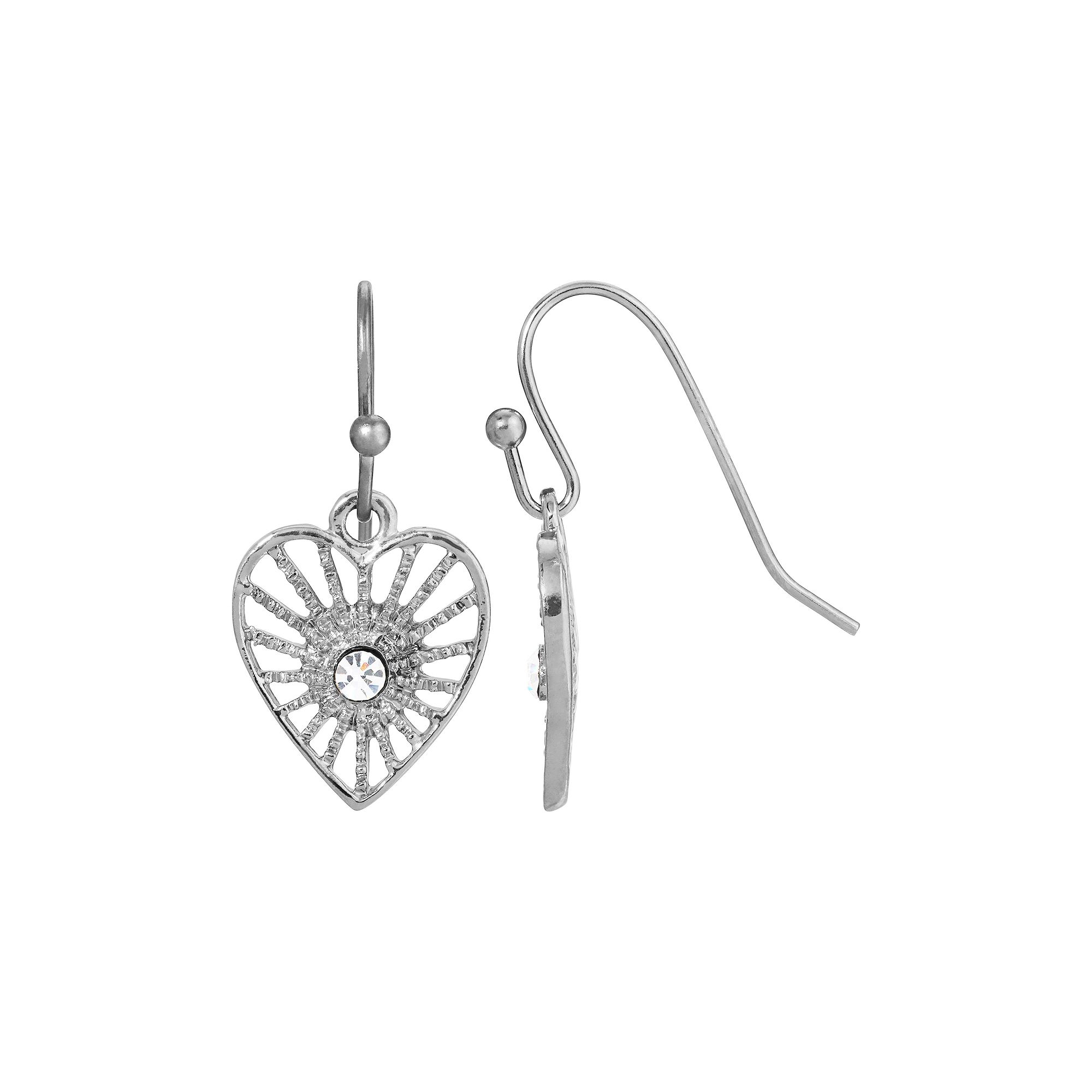1928 Silver Tone Crystal Center Petite Filigree Heart Earrings, Womens, Wh