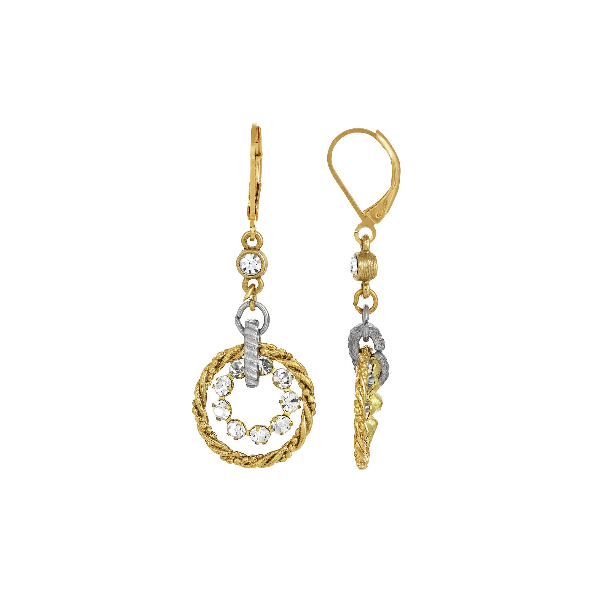 1928 Gold Tone Crystal Double Hoop Drop Earrings, Womens, White