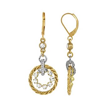 1928 Gold Tone Crystal Double Hoop Drop Earrings