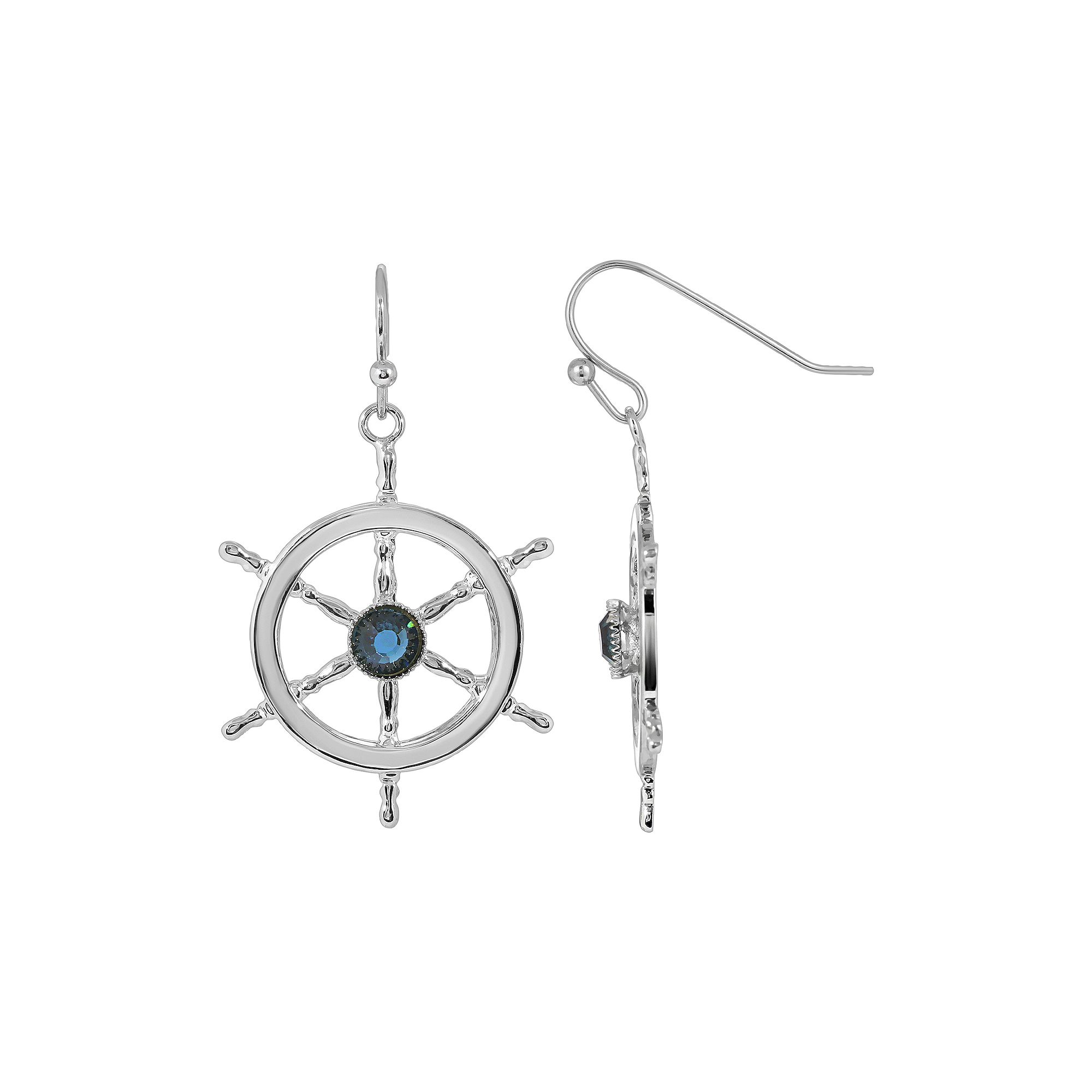 1928 Silver Tone Blue Crystal Center Boat Wheel Earrings, Womens