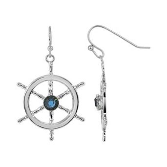 1928 Silver Tone Blue Crystal Center Boat Wheel Earrings