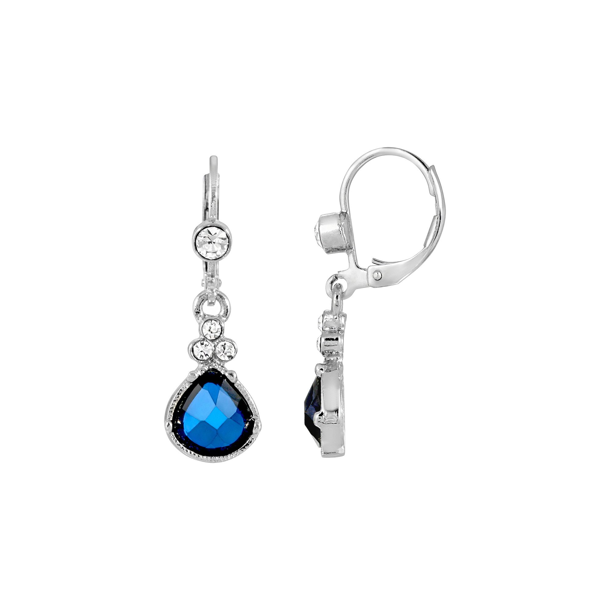 1928 Silver Tone Blue Crystal Teardrop Earrings, Womens